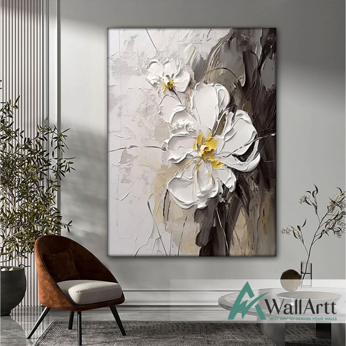 Abstract 2 White Flowers 3d Heavy Textured Partial Oil Painting